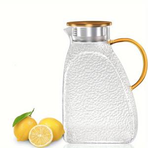 TEMU 뚜껑과 손잡이가 있는 1.8L/60oz 유리 물주전자 - 아이스티, 주스, 커피 및 차가운 음료용 냉장고 용기 - 가정, 파티, 호텔에 완벽함 - 손세척 전용, 냉장고 드링크웨어 | 세련된 손잡이 디자인 | 내구성 있는 유리 물주전자