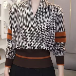 TEMU 1pc Chic Tartan V넥 니트 스웨터, 여성용 폴리에스터 긴팔 슬림핏 허리 집중 탑, 가을/겨울 패션 디자인