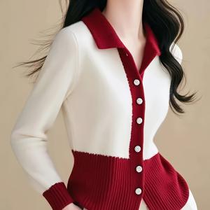 TEMU 여성용 프렌치 스타일 레드 & 화이트 대비 칼라 가디건 - 소프트 롱 슬리브 오픈 프론트 스웨터, 버튼 디테일, H-실루엣 레귤러 핏 봄/가을 캐주얼 시크, 세탁기 사용 가능, 텍스처 디자인