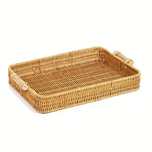 TEMU 1개 짜리 짜임 rattan 보관 바구니, 나무 손잡이, 현대적인 직사각형 경량 트레이, 쌓을 수 있는 디자인, 내구성 있는 플라스틱 재질, 거실, 침실, 주방, 욕실, 호텔 사용, 가정 및 주방 정리, 선반 바구니, 선반 바구니