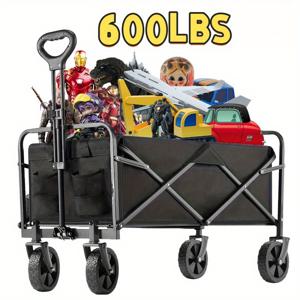 TEMU 1pc 강력한 600lbs 접이식 휴대용 화물 카트, 조절 가능한 푸시 바 및 360° 모든 토지 바퀴 - 튼튼한 검은색 프레임, 골프, 캠핑, 쇼핑, 해변, 정원용 다중 컴파트먼트 - 내구성 있는 철제 구조, 캠핑 필수품 수송대, 다용도 워건, 튼튼한 구조|테무쇼핑