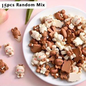 TEMU 15개 귀여운 토끼와 곰 모양 매력 - 파스텔 및 중성 색상 (베이지, 브라운, 화이트, 레드 액센트), 토끼, 테디, 귀여운 눈 & 표정 포함 - DIY 공예, 휴대폰 케이스, 보석류, 스크랩북킹, 생일 파티 장식용 - 초보자부터 전문가까지 완벽한 스크랩북킹 용품, 재미있는 장식품, 섬세한 디테일