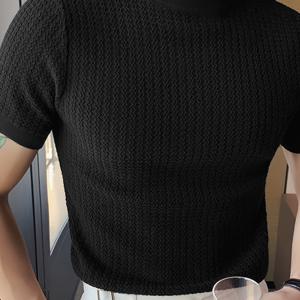TEMU 남성용 슬림핏 하이넥 티셔츠 - 연한 파란색 단색 반팔 여름 상의, 통기성 니트 소재 캐주얼 & 세미포멀 웨어, 기계세탁 가능한 다용도 일상 셔츠