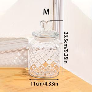 TEMU 1pc 유리병, 하트 모양의 뚜껑이 있는 재사용 가능한 밀폐용기, 건조 과일, 곡물, 애완 동물 식품용, 투명한 주방 및 식료품 보관, 식료품 보관 및 정리