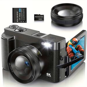 TEMU 송다이안 4K 카메라 48MP V디오 카메라, 사진 촬영용, 16배 디지털 줌, 3인치 플립 180도 플립 스크린, 안티-셰이크 및 내장 플래시, UV 필터 및 32G 메모리 카드 및 800mAh 배터리 포함, 블로깅, 라이브 스트리밍 및 초보자 사진가에게 이상적