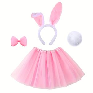 TEMU 4pcs 귀여운 토끼 의상 세트, 폴리에스터 토끼 귀 헤드밴드 + 리본 타이 + 꼬리 + 투투 스커트, 여성용 토끼 역할극 의상, 팝 문화 테마, 니트 원단, 7월 6일 축제 공연용