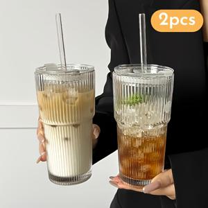 TEMU 1/2pcs 대용량 수직 줄무늬 유리 컵, 뚜껑 및 빨대가 있는 재사용 가능한 고품질 커피 및 주스 컵, 뜨거운 및 차가운 음료를 위한 현대적인 리브드 디자인, 가정 또는 사무실 사용에 적합, 다용도 음료 용기 | 세련된 유리 용기 | 두꺼운 유리 구조
