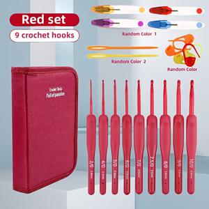 TEMU 17pcs 레드 소프트 그립 크로셰 후크 세트 케이스 포함 - 스테인레스 스틸 니트 니들로 야드, 스웨터 및 슬리퍼 - 에르고노믹 핸들, 포인티드 팁, 가위 및 더 많은 - 초보자 및 전문가에게 이상적|뜨개실