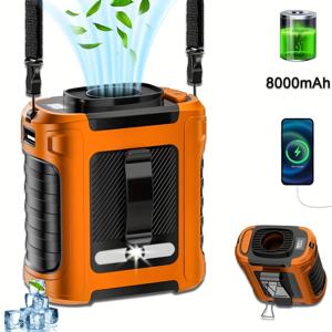 TEMU 휴대용 배터리 충전식 8000mAh 벨트 팬, 목걸이형 강풍 쿨링 5단계 조절 가능, 캠핑 및 야외 등산 건설 현장용 착용 가능한 웨어러블 팬|캠핑선풍기