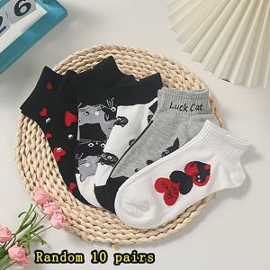 TEMU 5/10쌍 여성용 발목 양말 - 귀여운 고양이 & 하트 프린트 통기성 흡습 보트 양말, 다양한 색상, 그녀를 위한 완벽한 선물, 캐주얼 및 정장용, 재미있는 디자인, 부드러운 소재, 패션 애호가용