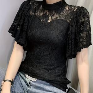 TEMU 여성용 슬림핏 레이스 트림 반팔 블라우스 - 세미시어 라운드넥 여름 탑, 통기성 좋은 캐주얼 시크 셔츠, 일본 한국 패션 영감, 레이어링 패션, 우아한 원단 선택
