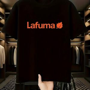 TEMU 남성용 통기성 야외 반팔 티셔츠 - 화이트 캐주얼 여름 티, 대담한 오렌지 LAFUMA 그래픽 프린트, 레귤러 핏 라운드 넥, 하이킹 및 캠핑용, 디자인, 내구성 있는 구조, 활동적인 라이프스타일, 가벼운 소재, 모험가들을 위한