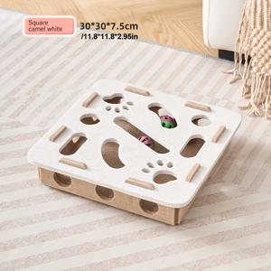 TEMU 인터랙티브 고양이 퍼즐 박스 - 스크래칭 포스트 & 발자국 컷아웃, 내구성 있는 가죽 재질, 실내용 고양이 장난감, 배터리 불필요, 녹색 & 갈색 디자인, 긁힘 방지 소재