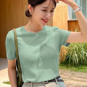 TEMU 여성용 우아한 단색 와플 블라우스 - 반팔, 라운드 넥, 가벼우며 통기성이 좋음, 봄/여름/가을용, 캐주얼한 반공식 의상, 캐주얼한 여름 상의 | 라운드 넥 블라우스 | 텍스처