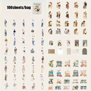 TEMU 100개 빈티지 커플 스티커 - 웨딩, 기념일, 여행 스크랩북 장식용 - 우아한 플로럴 러브 테마, 파스텔 컬러 - 스크랩북, 저널, 플래너, 초대장, 선물용 - 웨딩 플래너 필수품 (접착 라벨 100장), 레트로 감성, 고품질 종이 스티커