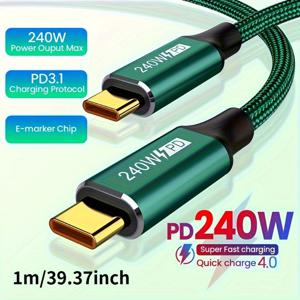 TEMU 1개 PD3.1 고속 충전 240W Type-C to Type-C 케이블, 4.0 속도, ≤36V 작동 전압, 240W 출력 – 애플 아이폰 15 플러스/프로 맥스, 샤오미, 삼성, 화웨이, 스위치, 맥북용 내구성 & 안전한 충전기