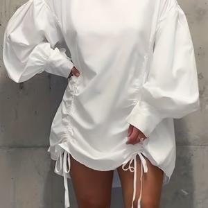 TEMU 드로우스트링 솔리드 드레스, 섹시한 모크 넥 롱 슬리브 미니 드레스, 여성 의류