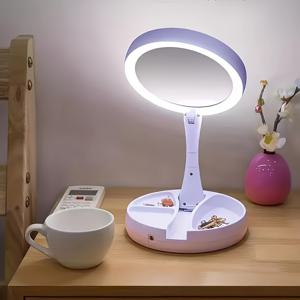TEMU 접이식 LED 화장 거울 및 보관함 1개, 양면 1배율 & 10배율 확대, 조절 가능한 밝기, 메이크업 테이블용 컴팩트 디자인, 드레싱 테이블 & 화장품, 흰색 & 분홍색