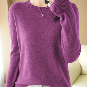 TEMU 여성용 우아한 퍼플 크루 넥 스웨터 - 부드러운 긴 소매 니트 탑, 고신축 리브 디테일, 세탁기 사용 가능, 가을/겨울 레이어링에 완벽, 캐주얼 시크 착용감, 하이넥 디자인, 내구성 있는 니트웨어