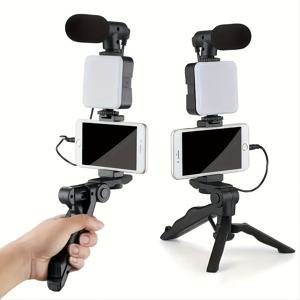 TEMU LED 필라이트가 있는 다용도 폰 스탠드 스테빌라이저, 휴대용 셀카, 야외 활동, 인터뷰, 낮과 밤 조명, 가벼운 휴대용 삼각대에 적합합니다.