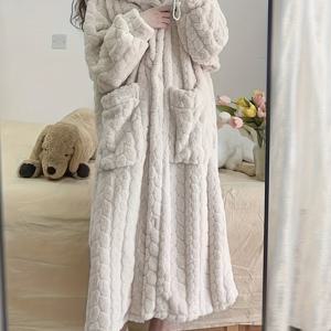 TEMU 가을과 겨울을 위한 캐주얼 단색 자카드 플리스 두꺼운 나이트 로브, 긴팔 후드 버튼 로브 포켓 포함, 여성 잠옷 및 드레스