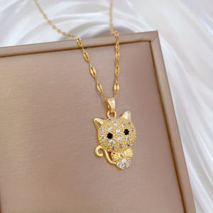 TEMU 반짝이는 크리스탈이 달린 귀여운 고양이 펜던트 목걸이 - 골든톤 스테인리스 스틸 여성용 주얼리, 우아한 보타이 디자인, 캐주얼 및 특별한 날을 위한 섬세한 액세서리, 고양이 패션 쥬얼리, 장난스러운 시크 스타일
