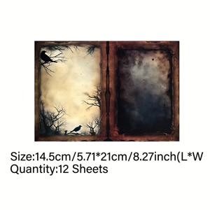 TEMU Vigus 고딕 다크 에스테틱 스크랩북 용지 12장 - A5 사이즈 수제 워터컬러 질감 공예용 종이, 장식 프레임 및 낡은 가장자리 & 나무 가지 디자인으로 저널링, 카드 만들기, 혼합 미디어 아트, 스크랩북 소품