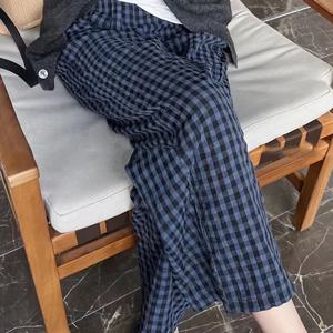 TEMU 여성용 하이웨이스트 체크무늬 잠옷 - 가벼우며, 느슨한 핏, 수직적으로 파란색과 흰색 줄무늬가 있는 레그 라운지 팬츠, 봄과 가을에 완벽한 편안한 라운지웨어 | 캐주얼 스타일 팬츠 | 가벼운 원단|냉장고바지|파자마