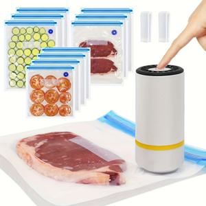 TEMU HOTU 미니 전기 진공 밀봉기, USB 충전, 충전식 리튬 배터리, 3가지 크기의 식품 보관 백 10개 포함 및 수비드, 가정 및 여행용 휴대용 펌프