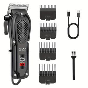 TEMU HIENA 전문 헤어 클리퍼, USB 충전식 전기 트리머, LED 디스플레이, T자형 날, 수염 관리, 사이드번 조각, 미용실 미용 도구, 남성 선물, 제한 콤 포함, 1500mAh 리튬 배터리.