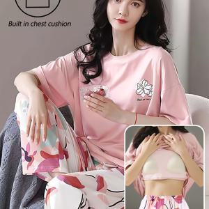 TEMU 1세트 여성용 플로럴 프린트 파자마 세트 - 내장형 가슴 쿠션 포함 - 캐주얼 크루넥 반팔 상의 및 긴 바지, 폴리에스터 니트 원단 잠옷 (봄/여름/가을)