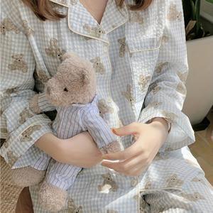TEMU 여성용 8809 체크무늬 곰 프린트 긴팔 파자마 세트 - 포켓이 있는 포근한 가을/겨울 홈웨어, V넥, 버튼 디테일, 청소년에게 완벽, 포근한 홈웨어|재미있는 디자인|버튼 디테일 파자마, 청소년용 파자마