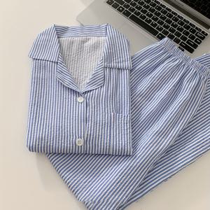 TEMU 여성용 블루 긴팔 파자마 세트 - 캐주얼 버튼업 상의 & 바지, 봄/여름에 완벽, 성인 크기, 편안한 홈웨어, 캐주얼 루즈웨어 | 파자마 | 버튼업 바지, 여성용 파자마