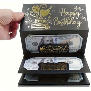 TEMU 6개 슬롯이 있는 깜짝 생일 현금 선물 봉투 - 우아한 블랙과 골드 디자인, 남성 및 여성용 휴일 머니 클립, 모든 생일 축하에 적합, 만화 판타지 테마의 독특한 기념품, 현금 선물 디스플레이
