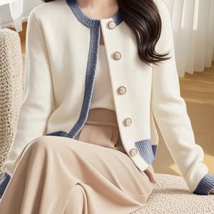 TEMU 여성용 우아한 컬러블록 시폰 스타일 카디건 - 부드러운 미디엄 스트레치 라운드넥 롱슬리브 오픈 프론트 버튼 앞, 네이비 블루 올시즌 캐주얼&포멀 스웨터, 귀여운 니트웨어, 젊은 매력, 내구성 있는 편안한 착용감