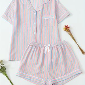TEMU 여성용 파자마 세트 - 반팔, 반팔, 라펠 칼라, 포켓 디테일, 캐주얼 여름 착용, 봄/여름/가을 의상| 패턴|반팔 파자마