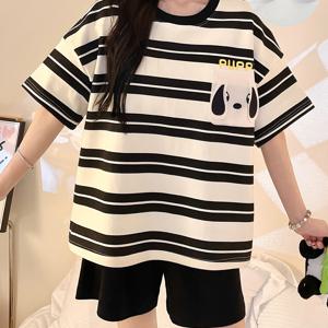 TEMU 카툰 레터 프린트 여성 파자마 세트, 내장형 브라, 여름 캐주얼 잠옷, 편안한 풀오버 탑과 탄력 있는 허리 쇼츠, 소프트 폴리에스터 혼방, 나이트가운 및 라운지웨어
