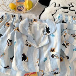 TEMU 여성용 캐주얼 만화 파자마 세트 - 반팔, 칼라가 있는 버튼업 셔츠 & 매칭 쇼츠, 연한 파랑색에 검정 & 흰색 만화 프린트, 봄/여름/가을에 완벽, 편안한 핏, 캐주얼 착용|재미있는 프린트|반팔 탑|잠옷|파자마|여름잠옷