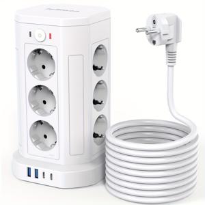TEMU 16-in-1 멀티 아울렛 전원 스트립, 12개 AC 소켓 및 4개 USB 포트 (2개 Type-C 포트), 서지 보호 기능, 2m/6.6ft 연장 코드 포함, 독립 스위치, 3680W, EU 플러그, 가정용·사무실·기숙사용|멀티탭