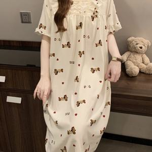 TEMU 새로운 여름 여성용 레이스 패치워크 작은 정사각형 칼라 점프수트와 러플 커프스 디자인, 편안하고 심플한 홈 나이트가운