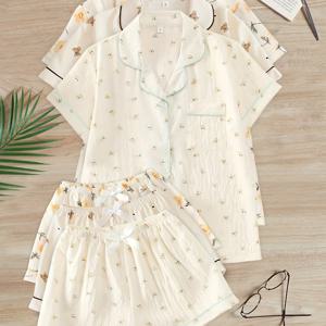 TEMU 3pcs 여성용 파자마 세트, 짧은 소매 및 반바지 - 캐주얼 여름 홈웨어, 기하학적 패턴, 리본 디테일, 모든 계절의 편안함, 여가 의상 | 재미있는 프린트 | 리본 디테일링, 귀여운 파자마
