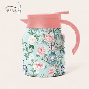 TEMU 33oz 스테인레스 스틸 보온 보냉 커피 포트, 화려한 꽃무늬 디자인, 이중 벽 진공 플라스크, 316 스테인레스 스틸 라인어, 밀봉된 실리콘 링, V자 모양의 스포트, 식품 등급 PP 뚜껑 및 스테인레스 스틸 메쉬 필터 - 뜨거운 및 차가운 음료에 이상적, 커피 메이커 | 꽃무늬 포트 | 내구성 있는 주방 용품