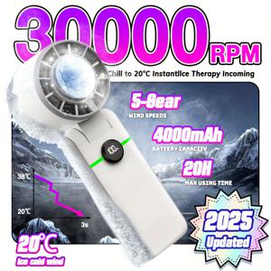TEMU 2025 신제품 4000mAh 접이식 미니 쿨링 팬, 아이스 쿨러 내장 휴대용 핸드헬드 팬, 5단계 고속 터빈 팬, 초고속 냉각, 야외 활동 및 여행, 캠핑, 침실 필수 아이템|캠핑선풍기|서큘레이터선풍기
