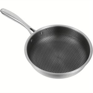 TEMU 스테인리스 주철, 28cm 스테인리스 논스틱 프라이팬 - 3층 벌집코팅, 긴손잡이 평바닥 팬, 긁힘방지, 가스와 인덕션용, 실내외 조리기구, 스테이크·계란·생선에 적합한 요리도구