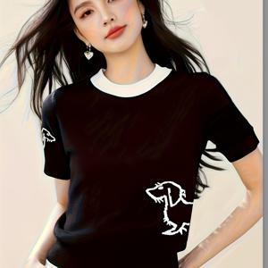 TEMU 여성용 일본 한국 스트리트웨어 티셔츠 - 블랙 & 화이트 대비 강아지 그래픽, 통기성 일상 셔츠 (남녀공용), 사계절 캐주얼 탑, 다목적 의류, H라인 실루엣 디테일