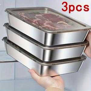 TEMU 3개 세트 스테인리스 스틸 식품 보관 용기 | BPA 프리 & 재사용 가능 | 쉽게 청소할 수 있는, 쌓을 수 있는 주방 보관 조각 | 과일, 고기, 채소에 적합 | 냉장고, 냉동고 및 식료품 저장실 정리, 냉동고 안전한 용기 | 현대적인 주방용품 | 내구성 있는 주방용품