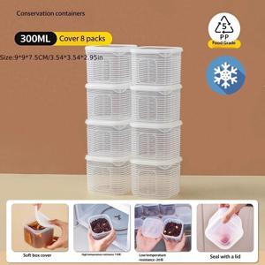 TEMU 8개입 300ml 10온스 냉장고 신선 유지 상자, 뚜껑이 있는 냉동 주방용 - 누수 방지, 쌓을 수 있는 PP 플라스틱 저장함, 양념, 수프, 고기, 과일 및 채소용 - 주방과 식료품 저장실 정리에 적합한 투명 뚜껑 컨테이너, 내구성 있는 플라스틱 식품 보존 저장함