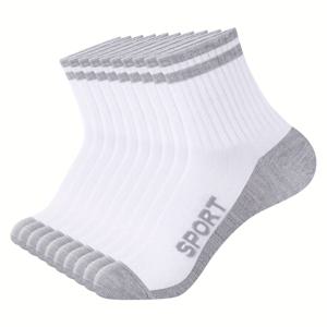 TEMU GiveGift 남성용 솔리드 미드 크루 양말 10켤레 세트 - 통기성이 좋고 부드러운 탄력 있는 리브 커프스, 대비 줄무늬 디자인, 사계절 내내 편안함, 스포츠 및 캐주얼 착용 (블랙/화이트) | 스포티한 리브 커프스, 피부 친화적 소재