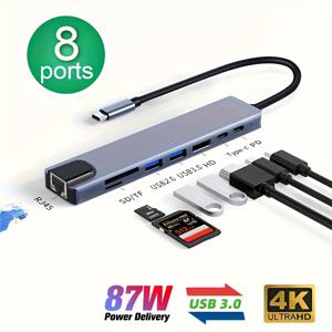 TEMU USB C 허브, 87W 전원 공급, 이더넷 포트가 있는 Type C 도킹 , USB 3.0, SD/TF 카드 리더기, 4K Ultra HD, 마우스, 키보드, USB 디스크, 프린터 등용 - 소형 및 휴대용