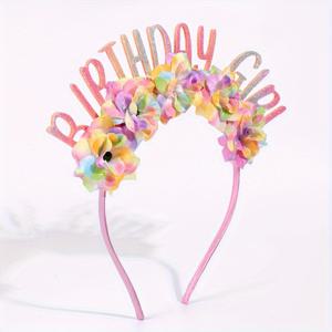 TEMU 1개 컬러풀 플라워 생일 머리띠 여성용 글리터 파티 헤어 액세서리 핸드메이드 머리끈 장식